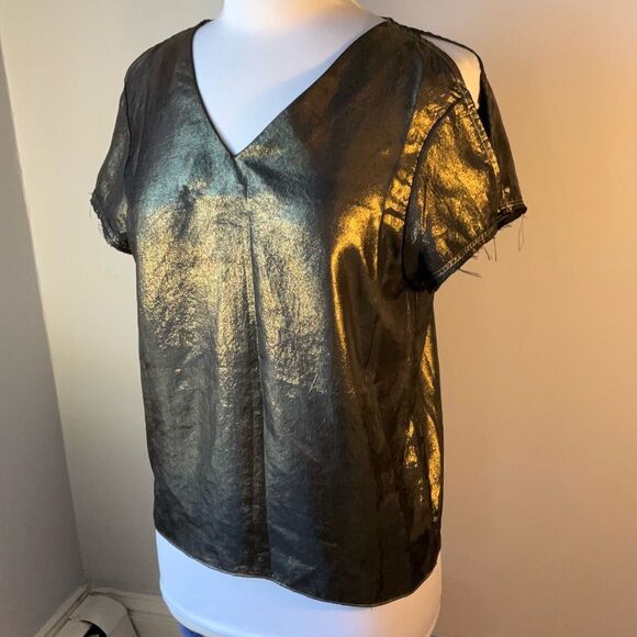 All Saints Gold/Black Lame’ Cold Shoulder Raw Hem Top, Size 0. Flowy - Picture 6 of 11